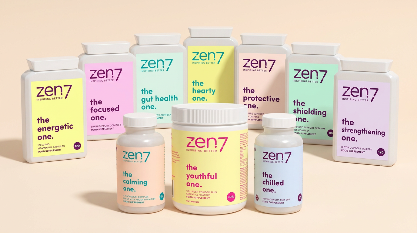 The full Zen7 range of supplements lined up with fresh fruit