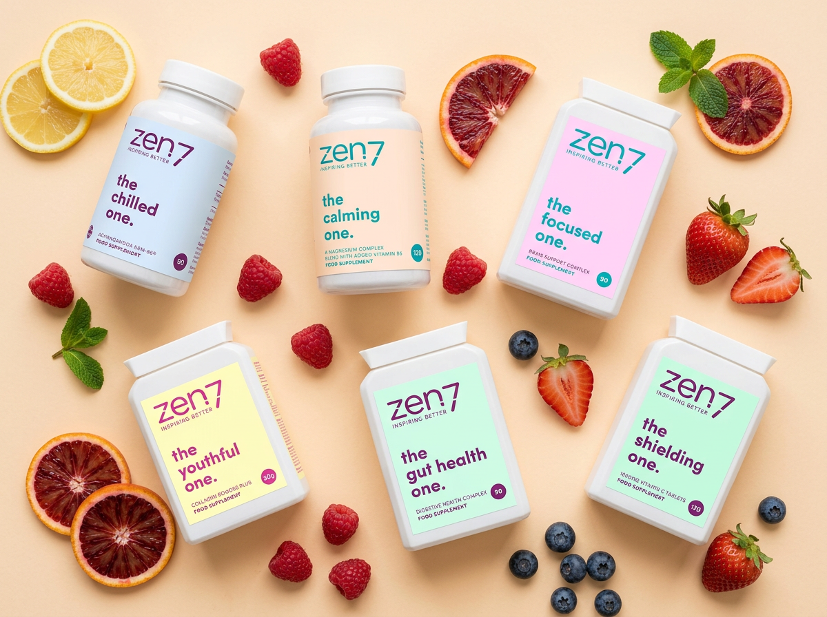 Pastel vitamin bottles arranged with fresh berries and citrus